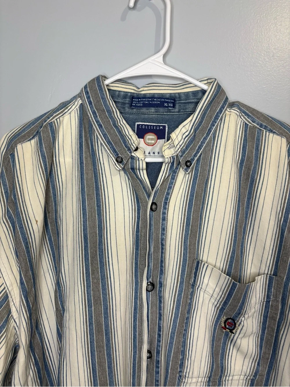 Vintage Coliseum Men's XL Short-Sleeve Button-Up Stripe Shirt Blue White Gray - Picture 4 of 16